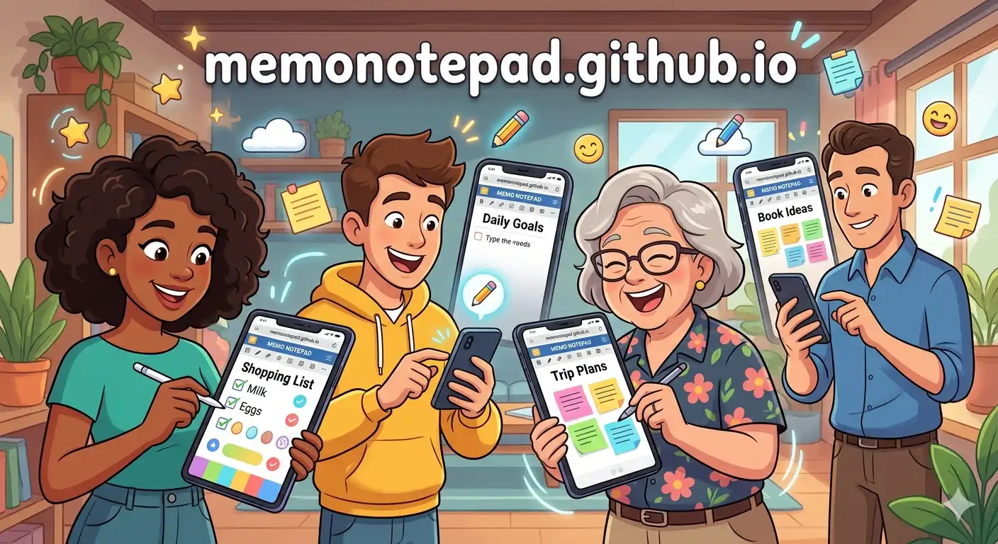 Illustration showing diverse use cases for Memo Notepad, including students, professionals, and developers