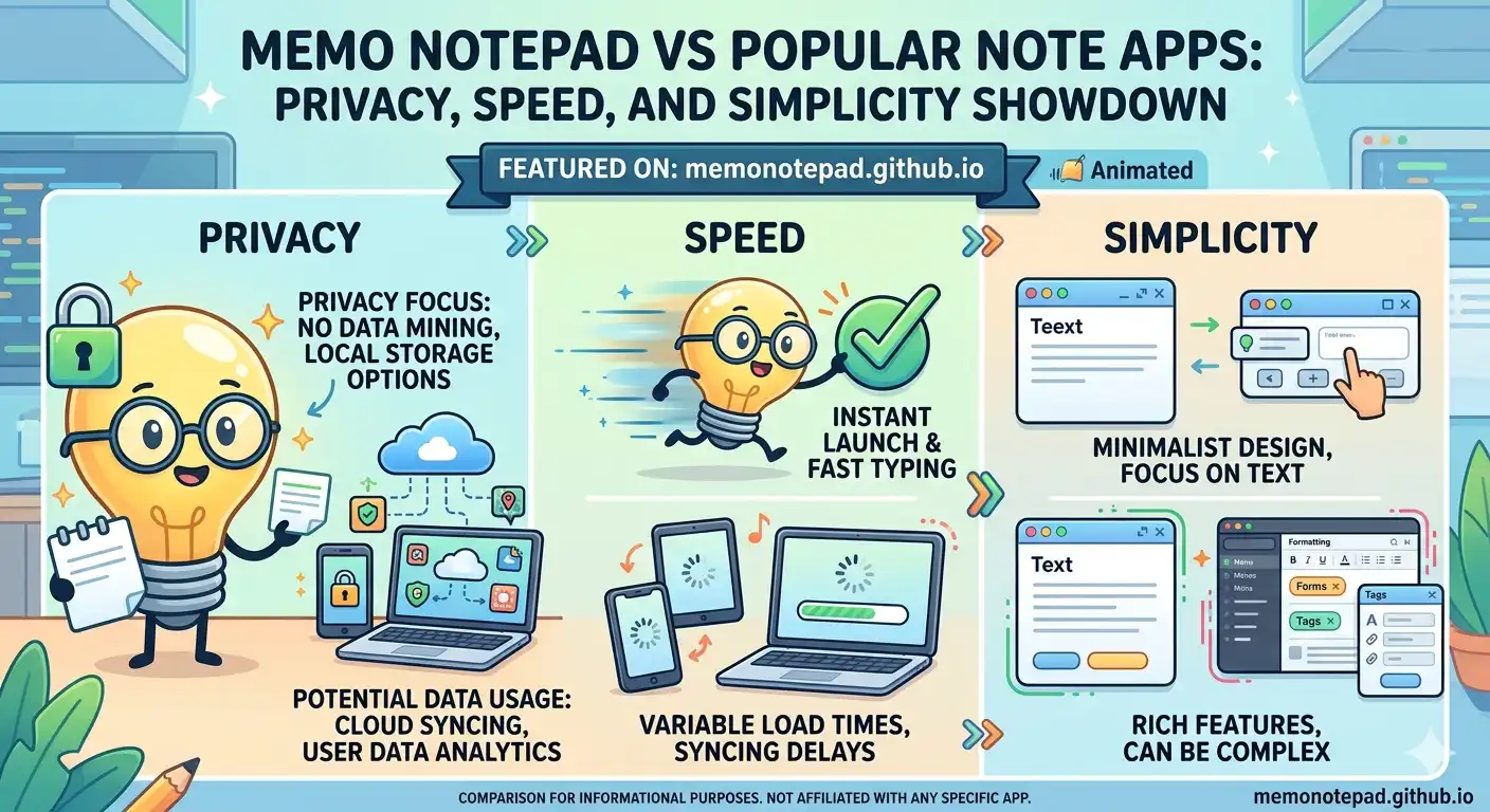 Illustration showing diverse use cases for Memo Notepad, including students, professionals, and developers