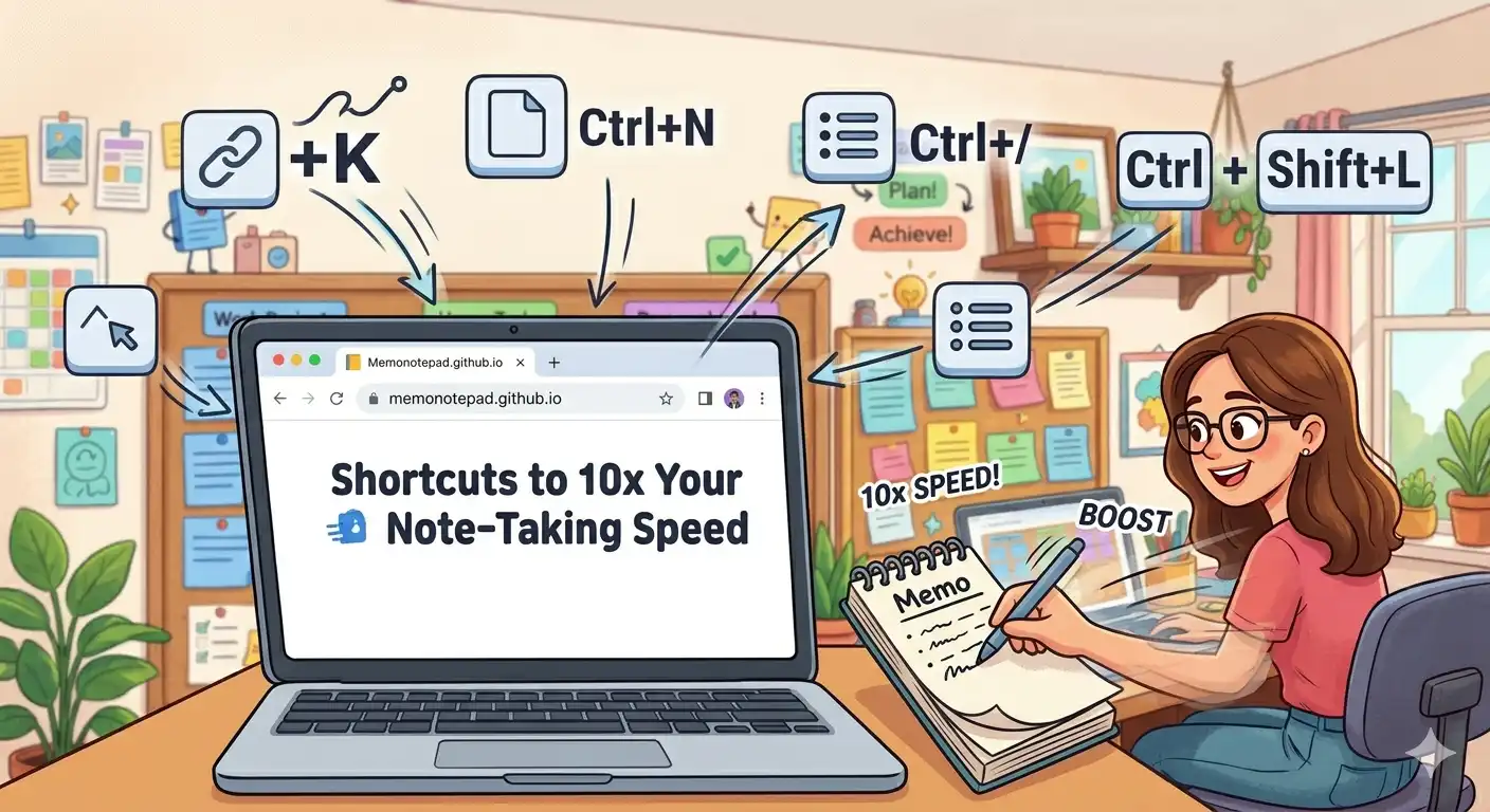 Illustration showing diverse use cases for Memo Notepad, including students, professionals, and developers